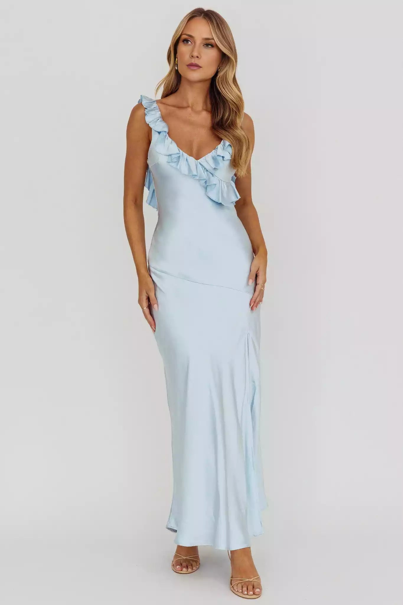 Gorgeous padding with ruffled edges, front slit, exposed back, invisible back zipper, Prom Dresses