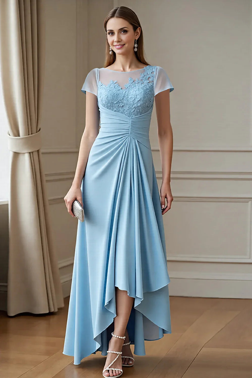 Gorgeous pleated A-line asymmetrical decal waist slimming bridal mother dress