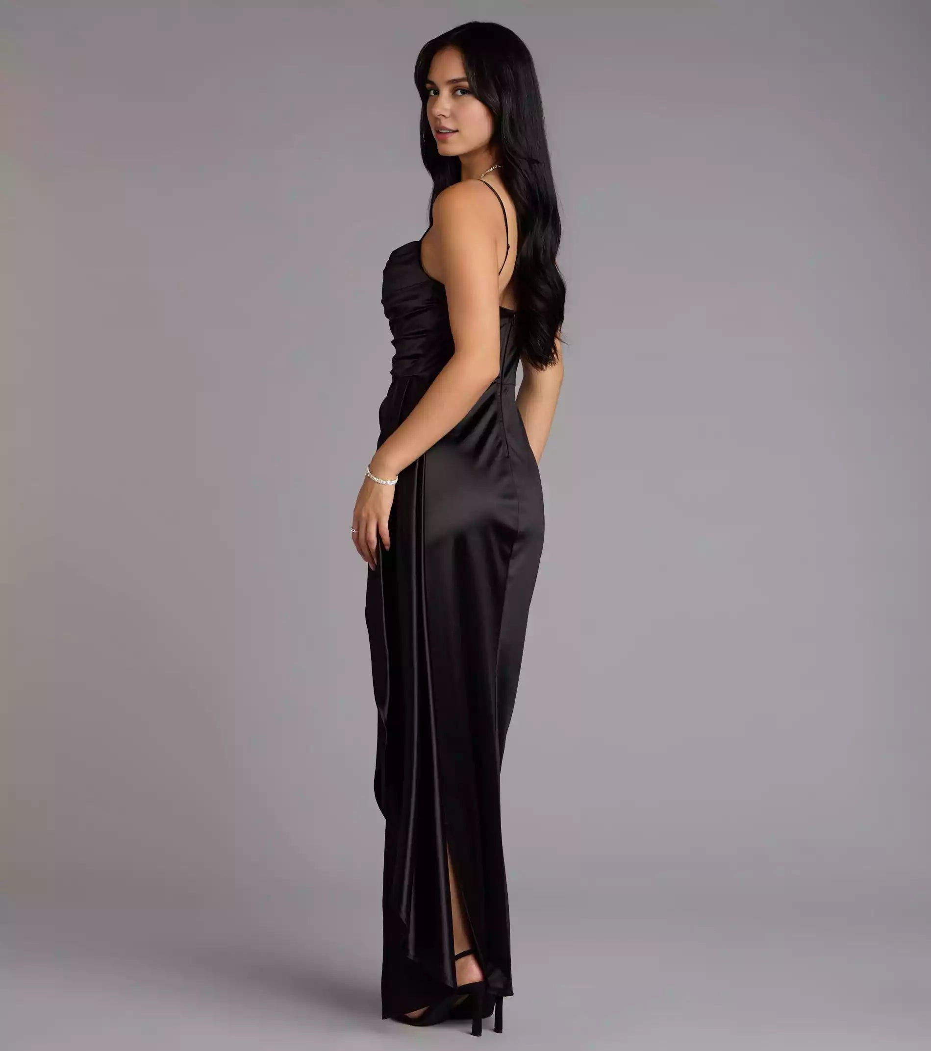 Gorgeous pleated high neck slim shoulder strap mermaid side pendant waist belt with high side seam and floor Prom Dresses