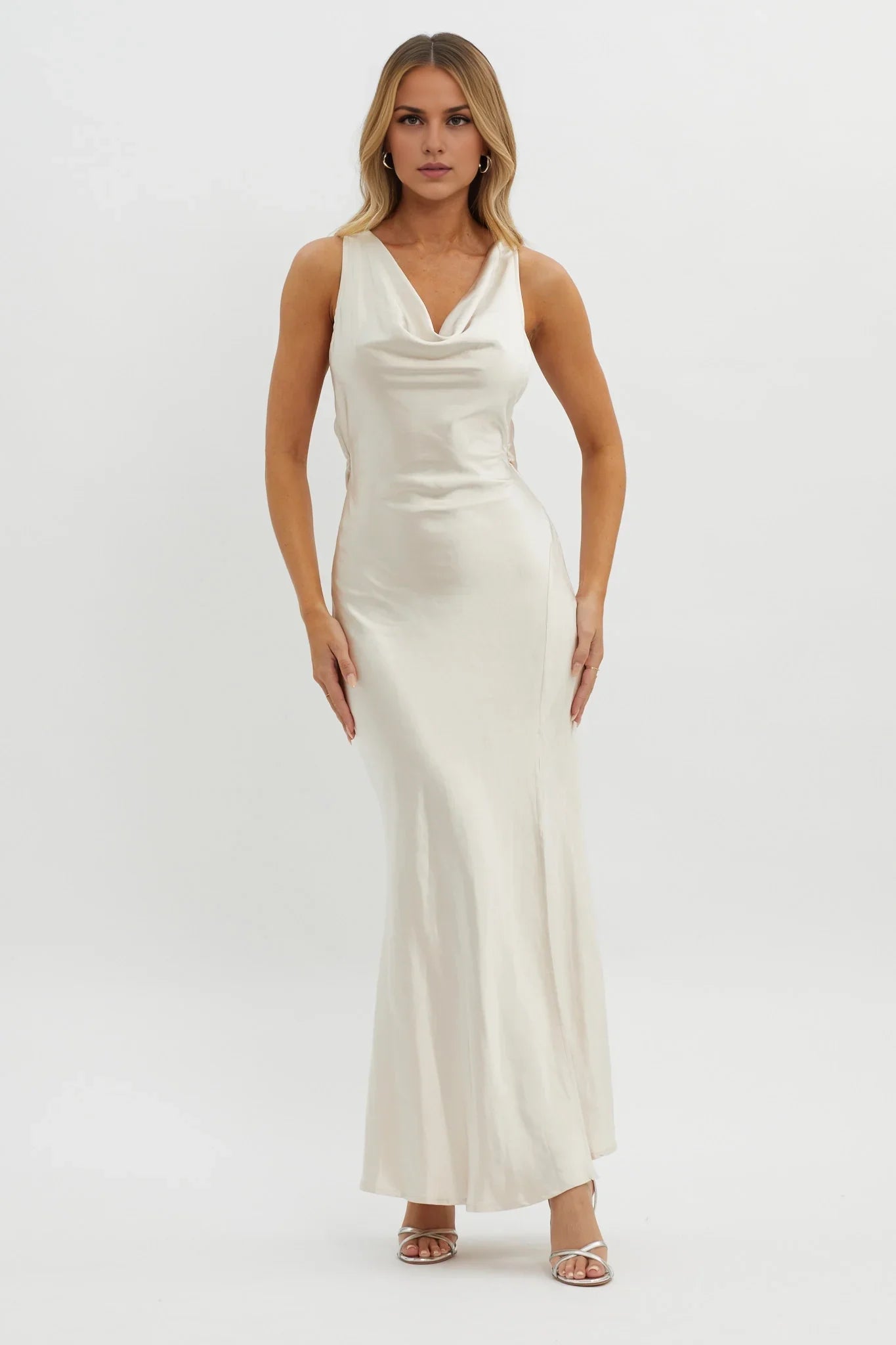 Gorgeous satin bib with adjustable shoulder straps, floral decals, high slit bridesmaid dress