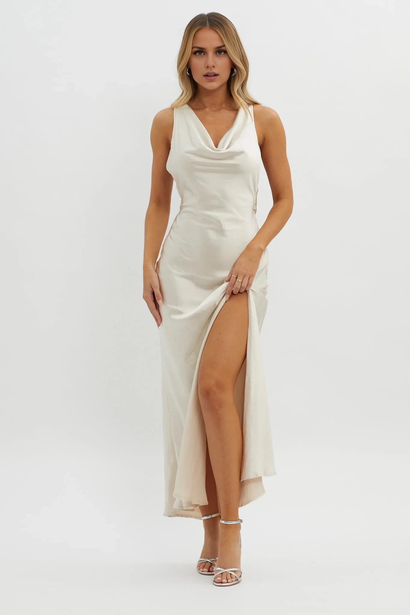 Gorgeous satin bib with adjustable shoulder straps, floral decals, high slit bridesmaid dress