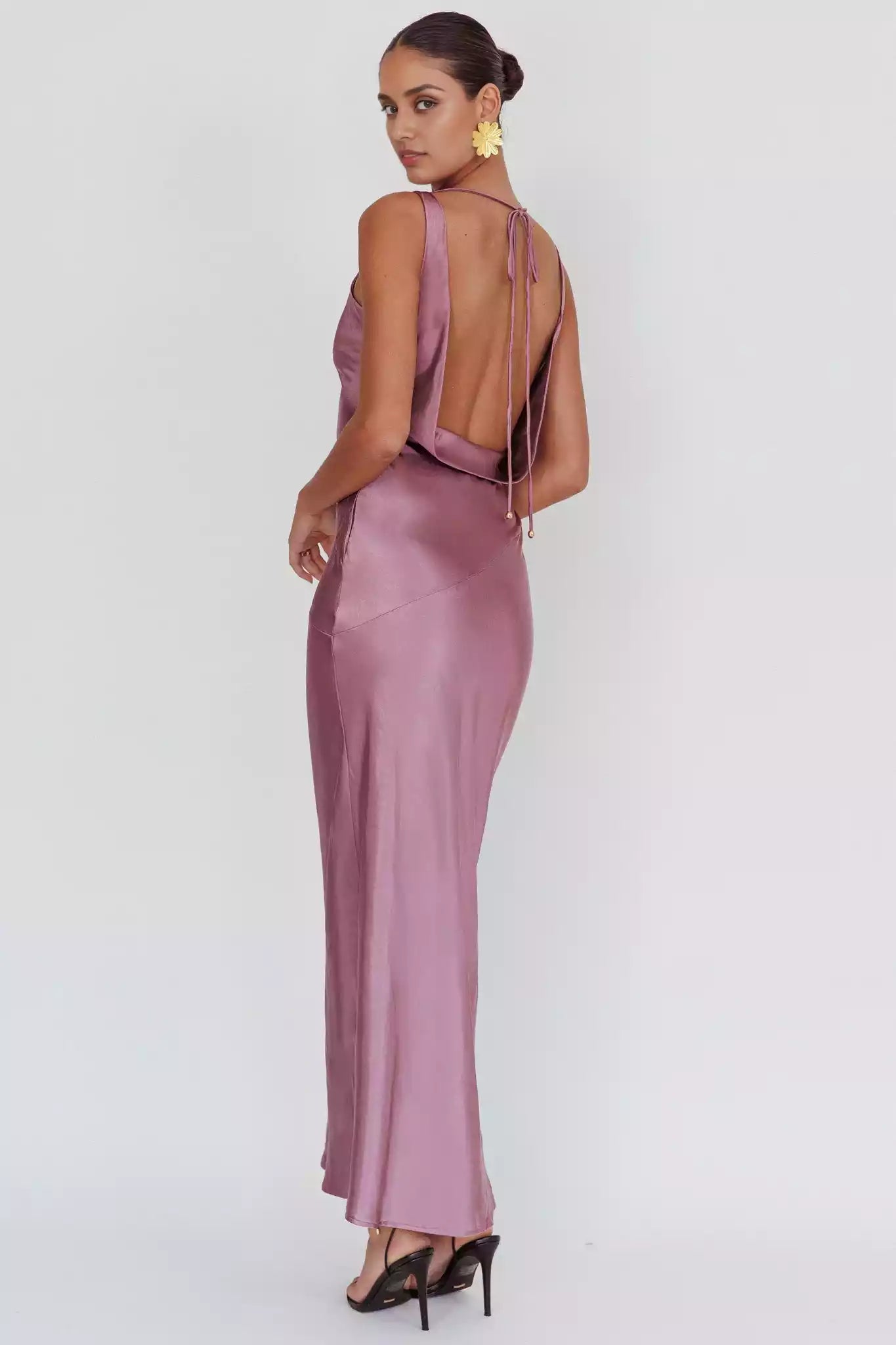 Gorgeous satin extra long scarf collar, backless lace up, unlined invisible side zipper Prom Dresses
