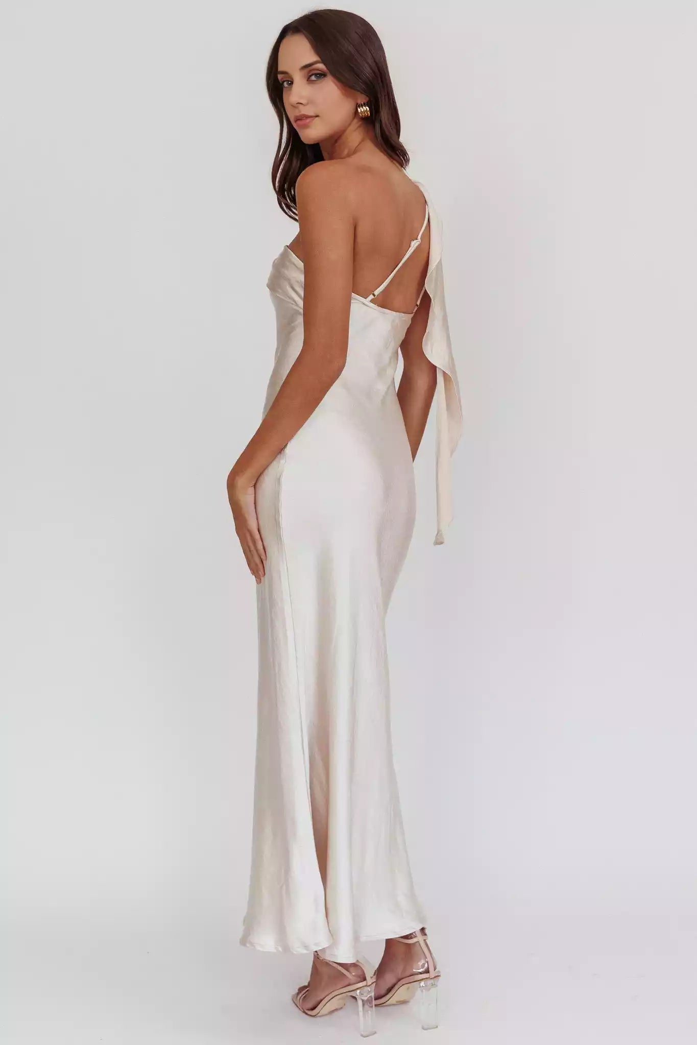 Gorgeous satin extra long single shoulder strap with ruffled edges, unlined, invisible side zipper Prom Dresses