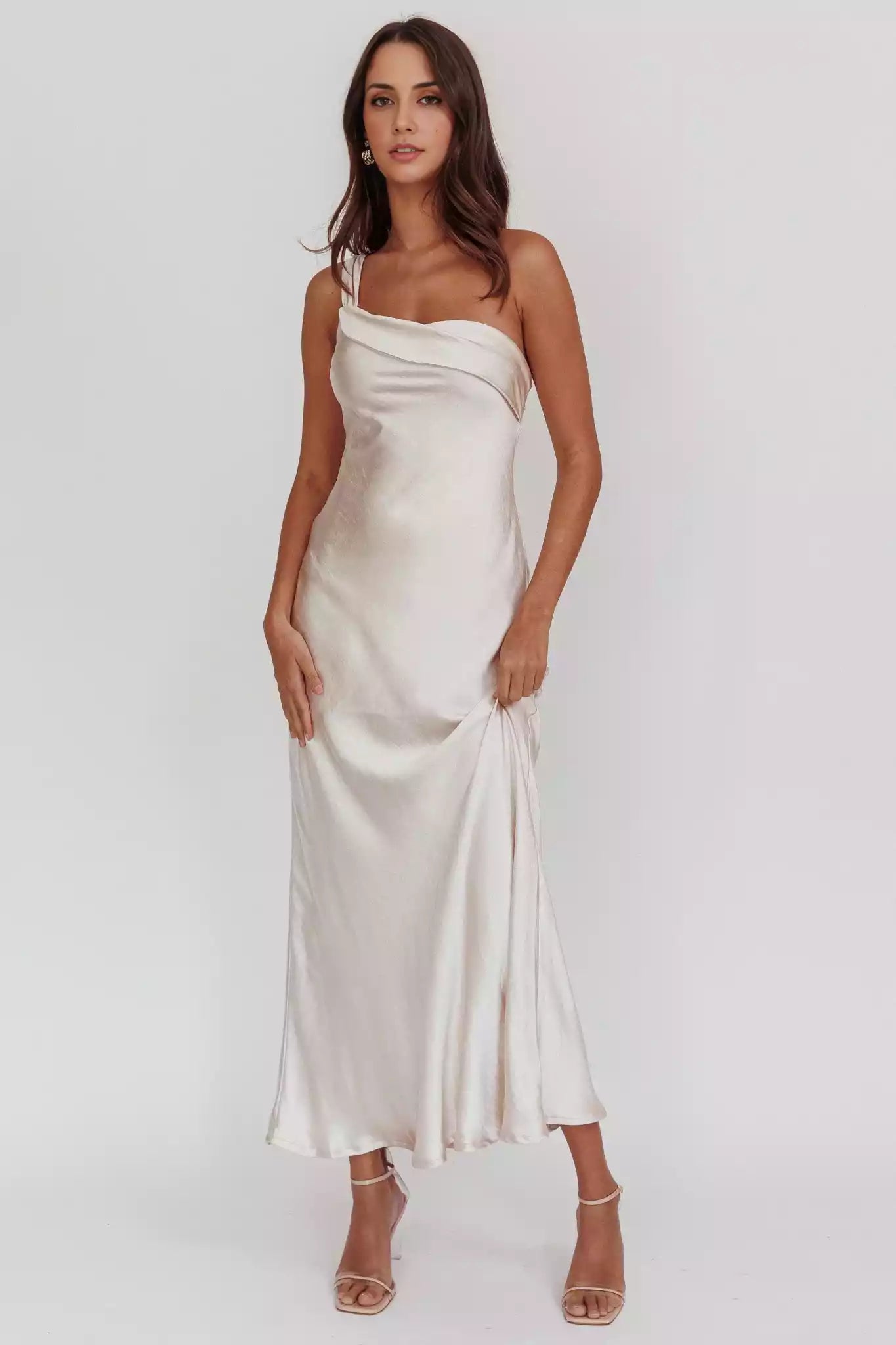 Gorgeous satin extra long single shoulder strap with ruffled edges, unlined, invisible side zipper Prom Dresses