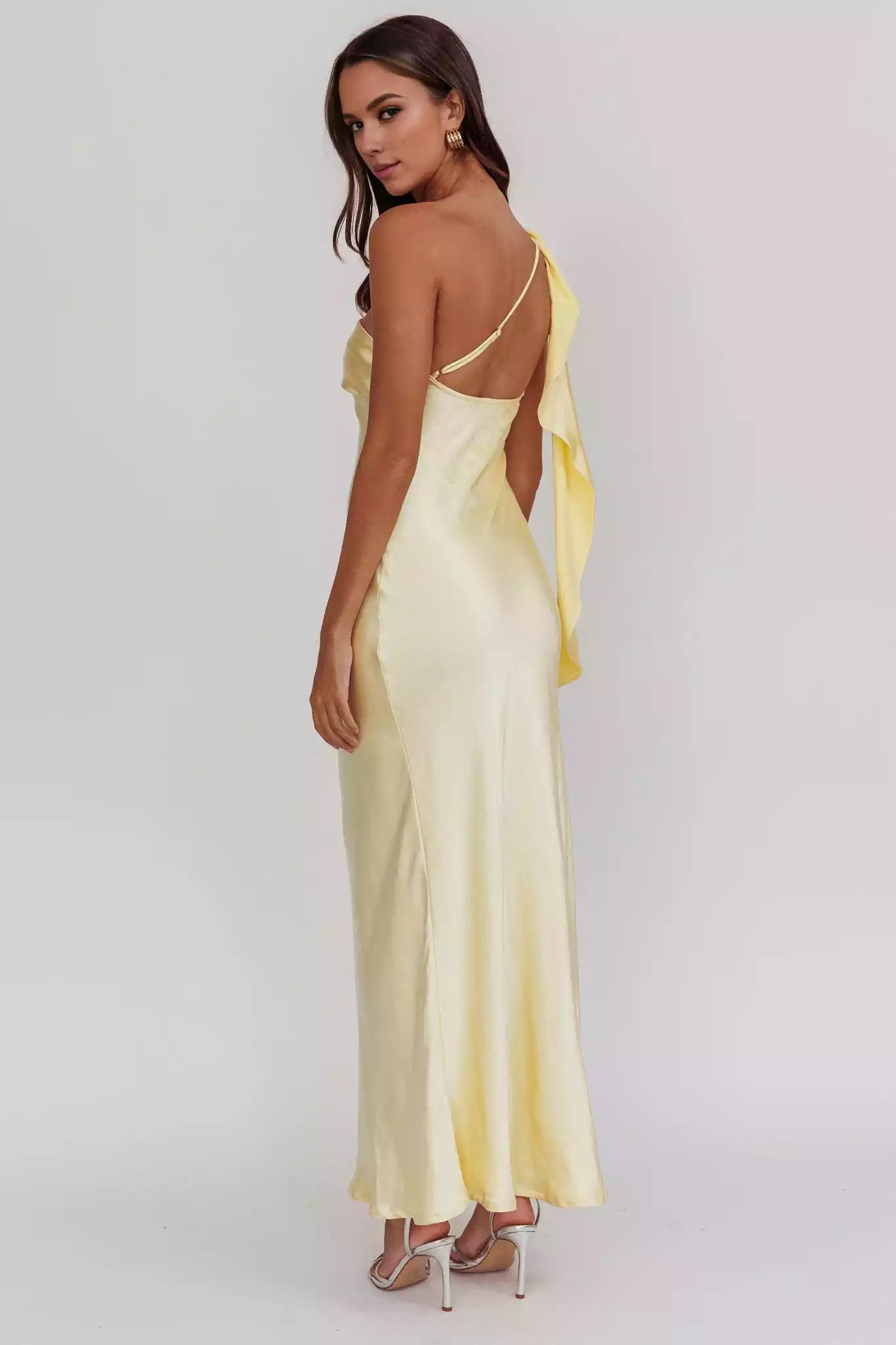 Gorgeous satin extra long single shoulder strap with ruffled edges, unlined, invisible side zipper, Bridesmaid Dresses