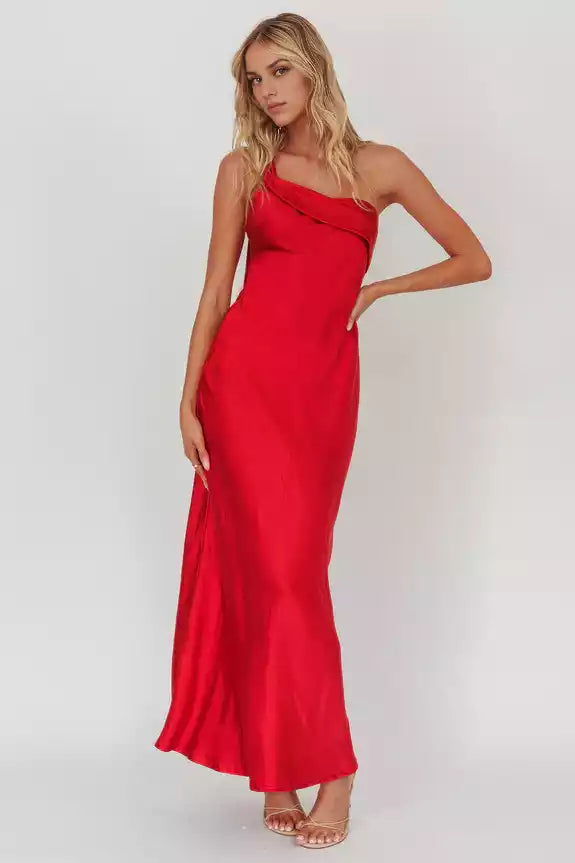 Gorgeous satin extra long single shoulder strap with ruffled edges, unlined, invisible side zipper, Bridesmaid Dresses