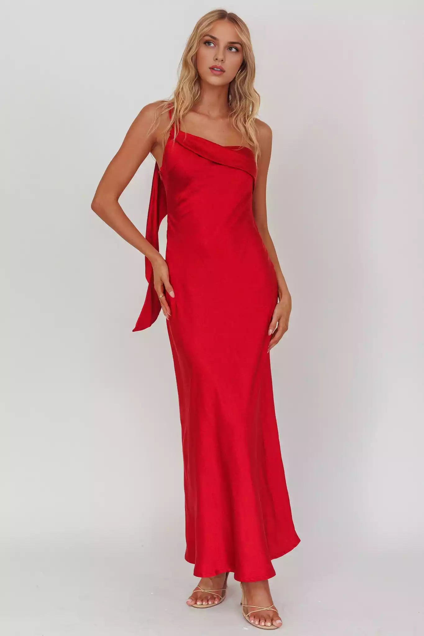 Gorgeous satin extra long single shoulder strap with ruffled edges, unlined, invisible side zipper, Bridesmaid Dresses
