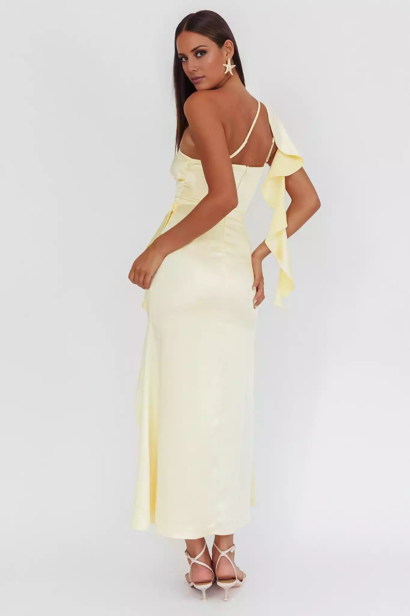 Gorgeous satin long single shoulder strap with ruffled edges, leg slits without lining, invisible side zipper, Bridesmaid Dresses
