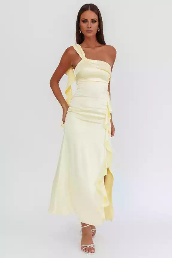 Gorgeous satin long single shoulder strap with ruffled edges, leg slits without lining, invisible side zipper, Bridesmaid Dresses