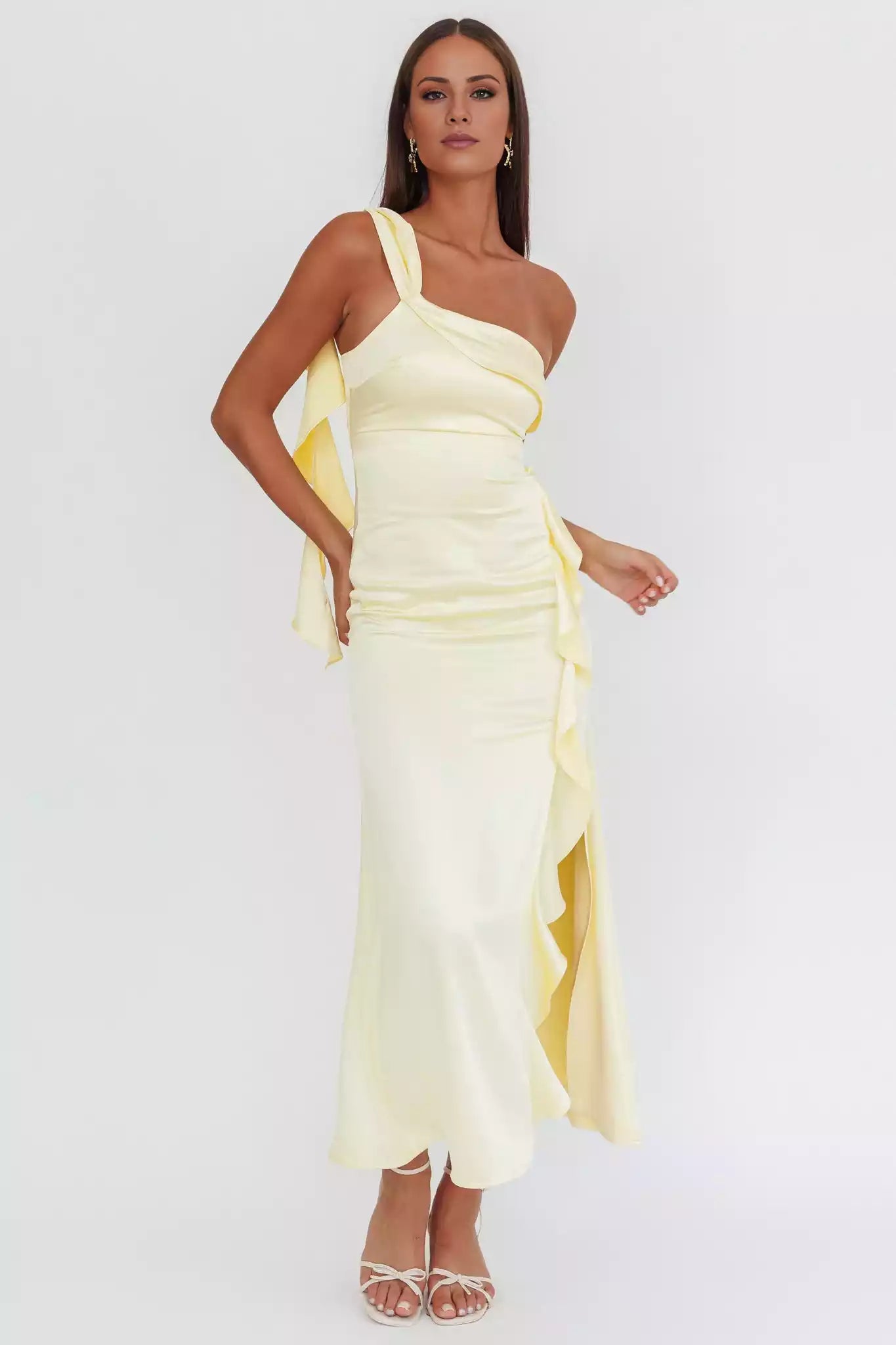 Gorgeous satin long single shoulder strap with ruffled edges, leg slits without lining, invisible side zipper, Bridesmaid Dresses