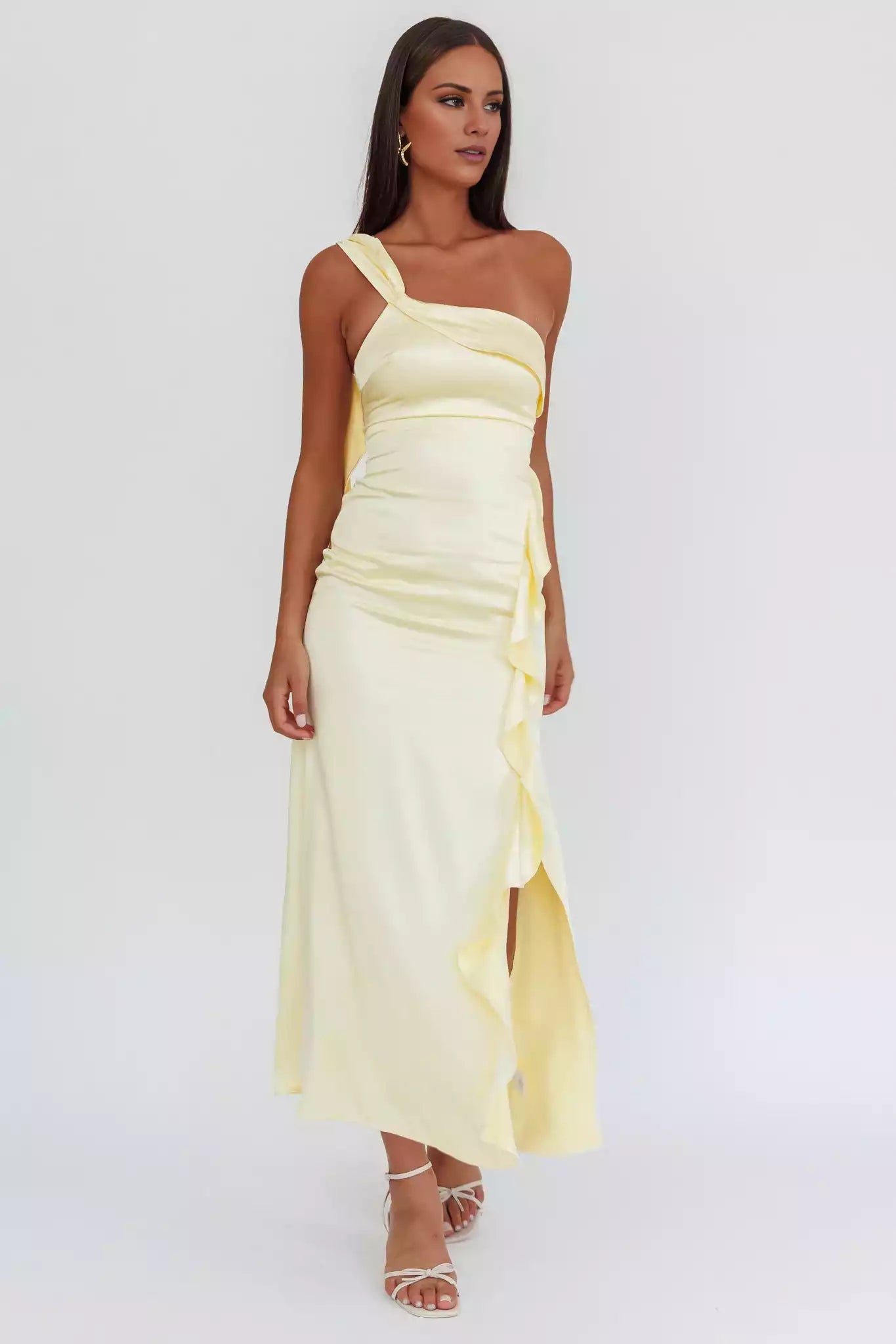 Gorgeous satin long single shoulder strap with ruffled edges, leg slits without lining, invisible side zipper, Bridesmaid Dresses