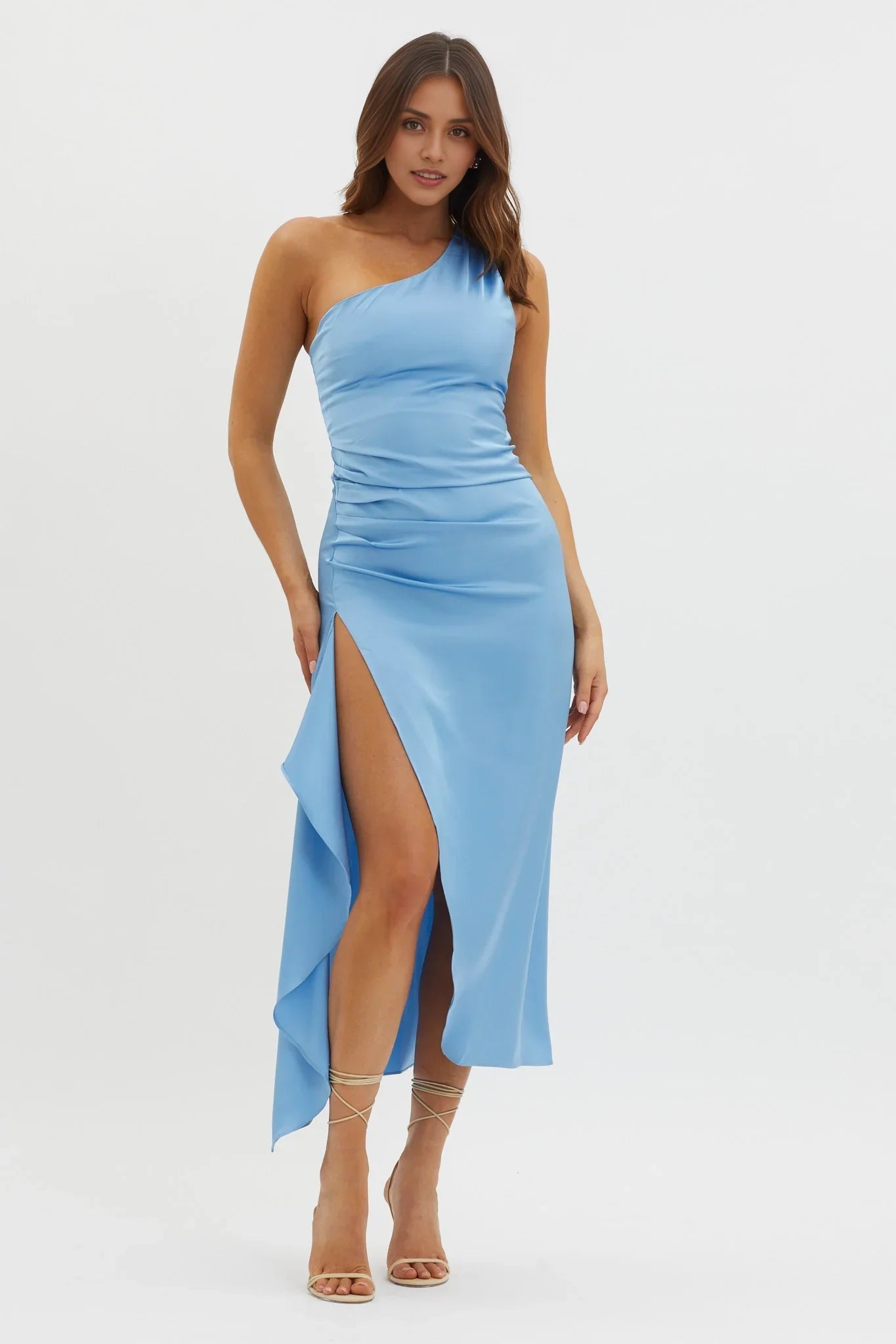 Gorgeous satin mid length half lined adjustable shoulder straps high slit bridesmaid dress