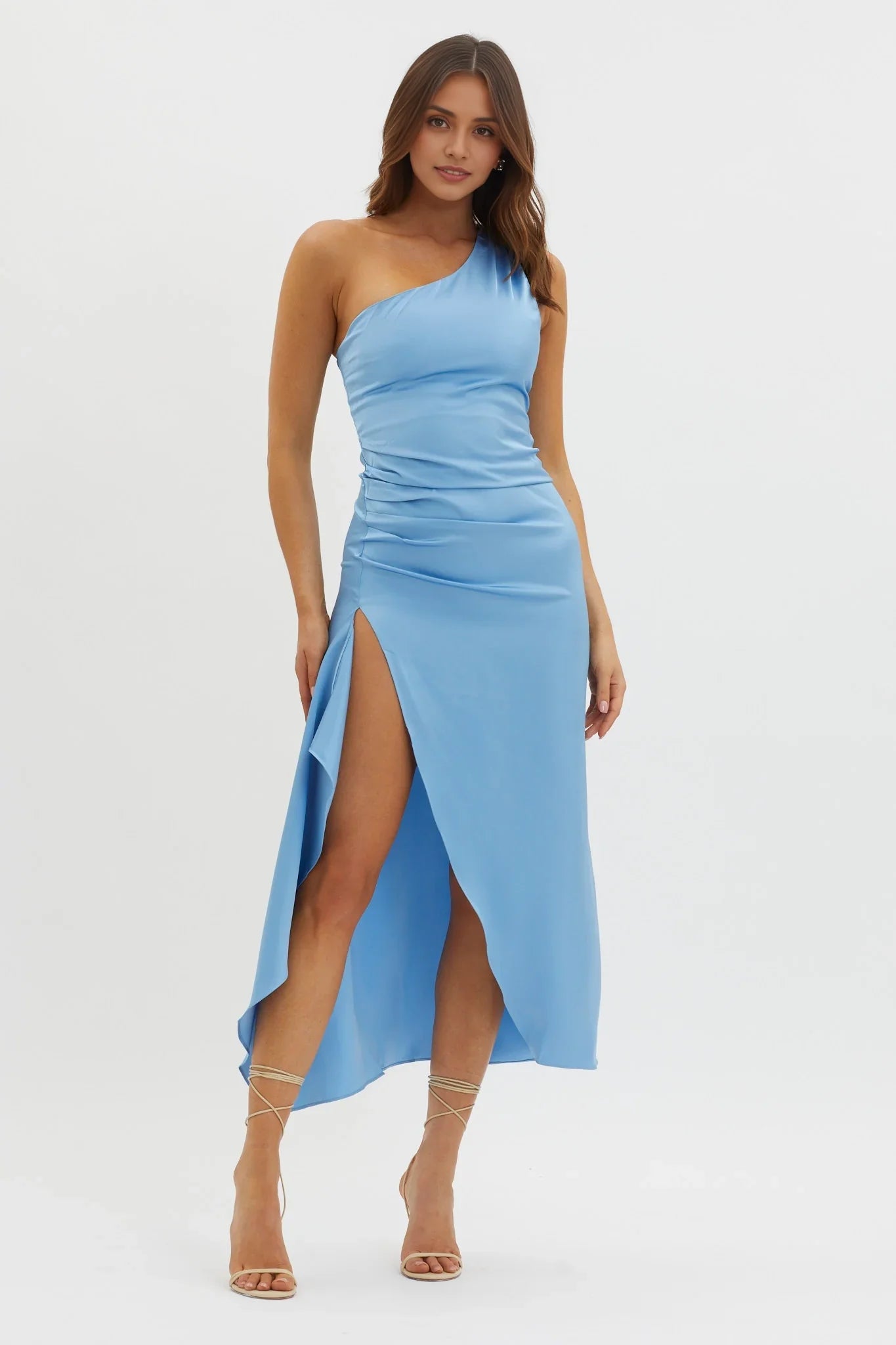 Gorgeous satin mid length half lined adjustable shoulder straps high slit bridesmaid dress