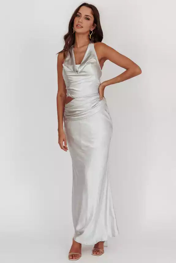 Gorgeous satin ultra long scarf style backless collar with hollowed out hanging texture invisible side zipper Prom Dresses