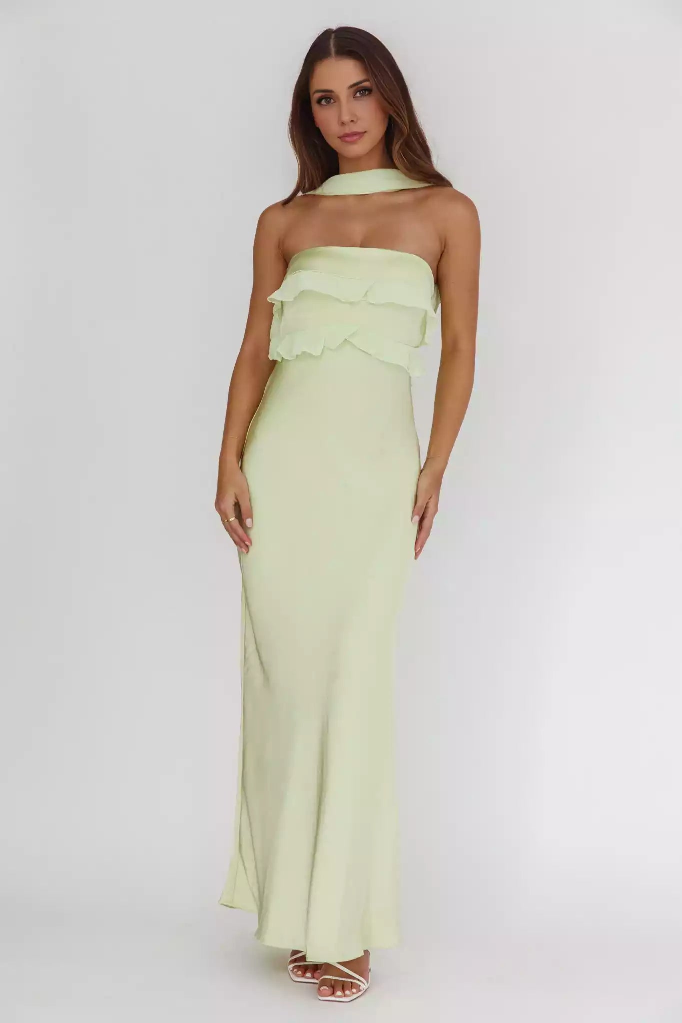 Gorgeous satin ultra long strapless and unlined invisible side zipper neck design Bridesmaid Dresses