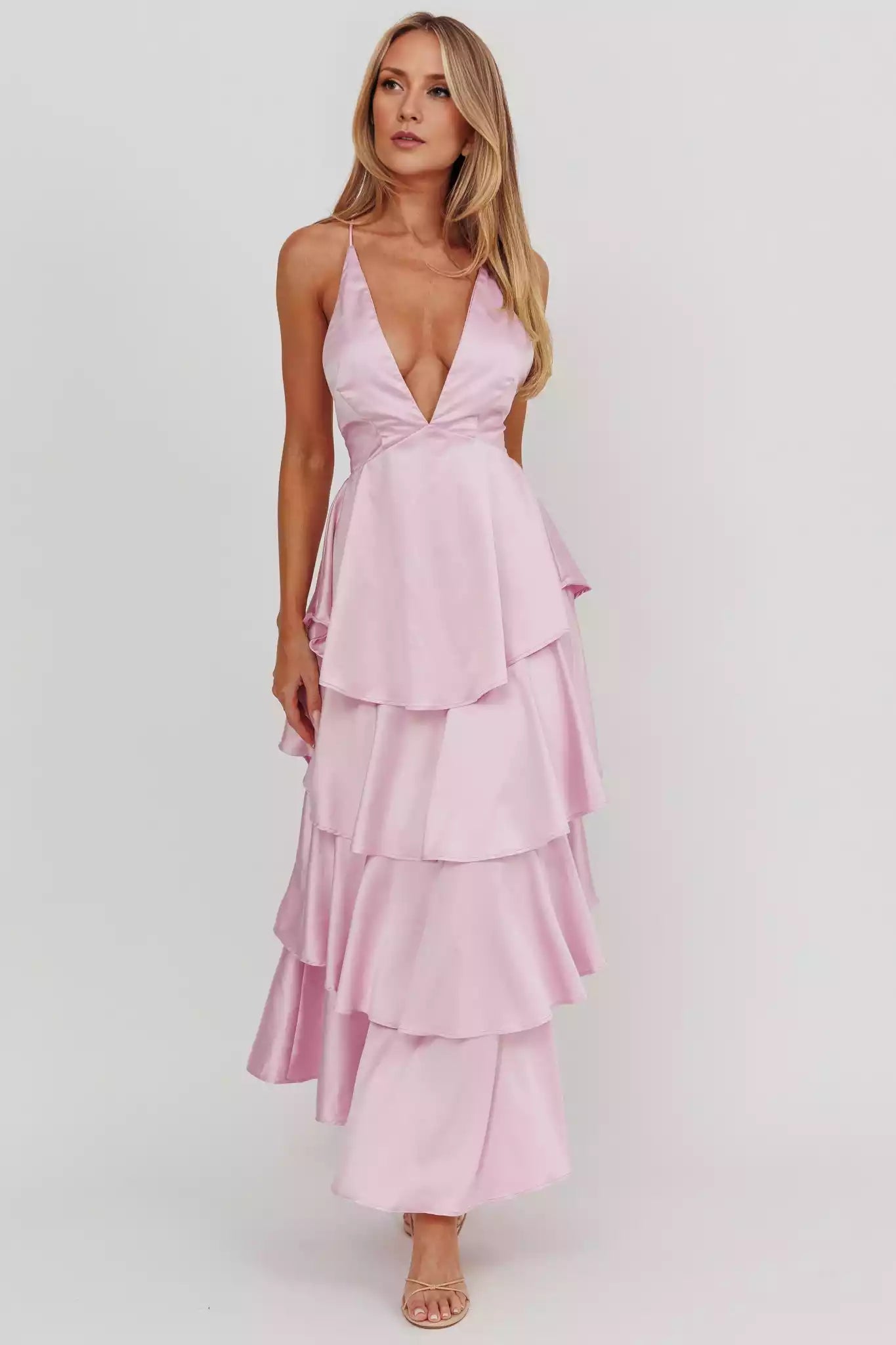 Gorgeous satin with extra long lining, layered pleats, backless straps, zipper at the back Prom Dresses