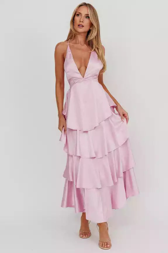 Gorgeous satin with extra long lining, layered pleats, backless straps, zipper at the back Prom Dresses