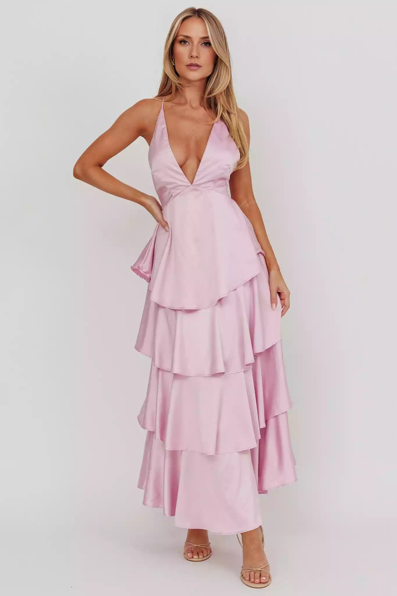Gorgeous satin with extra long lining, layered pleats, backless straps, zipper at the back Prom Dresses