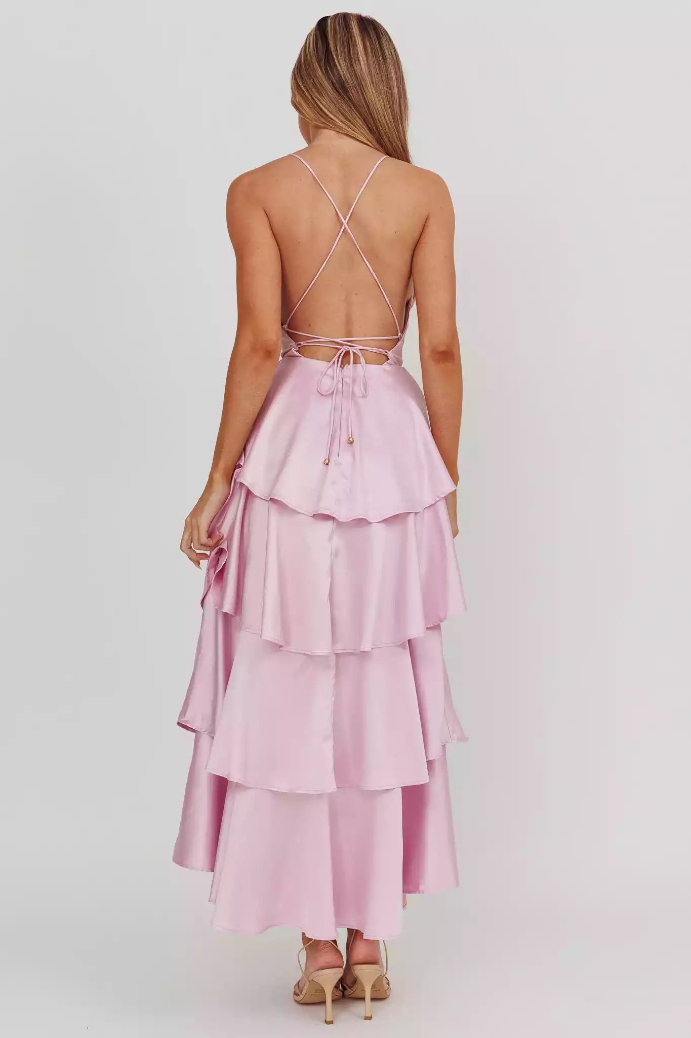 Gorgeous satin with extra long lining, layered pleats, backless straps, zipper at the back Prom Dresses