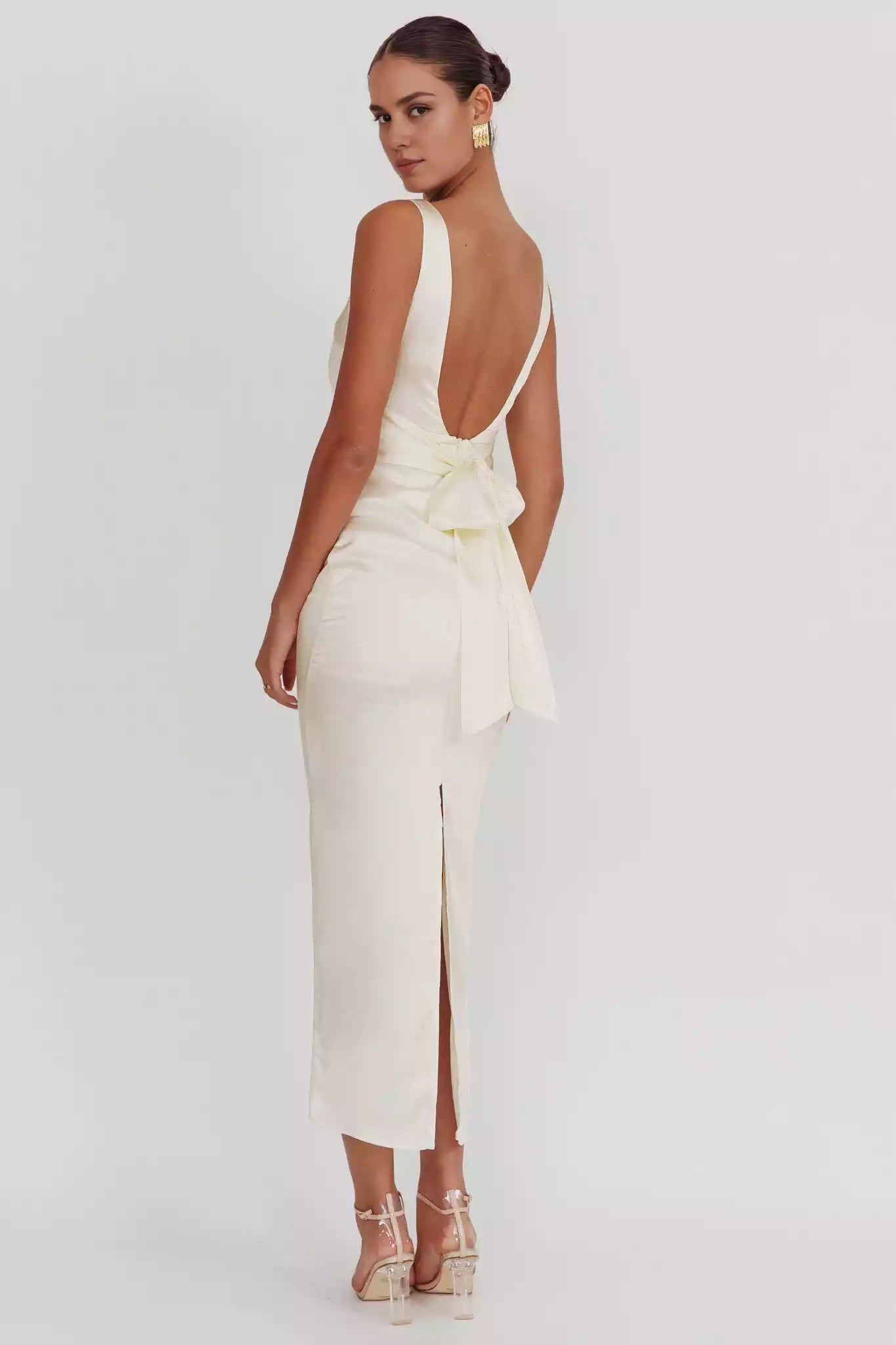 Gorgeous satin with long exposed back slit and semi lined bow details Prom Dresses