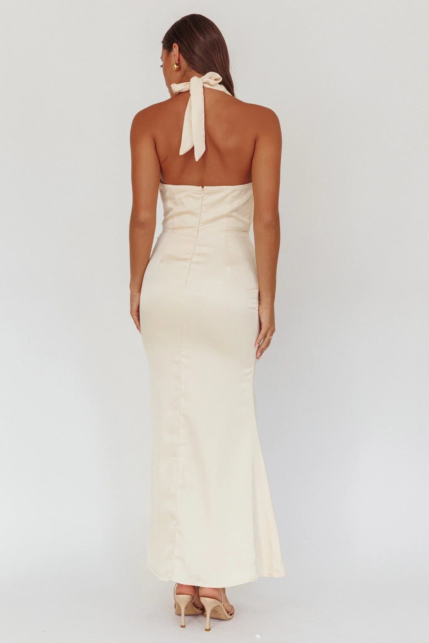 Gorgeous scarf style backless pleated detail with zipper back bridesmaid dress