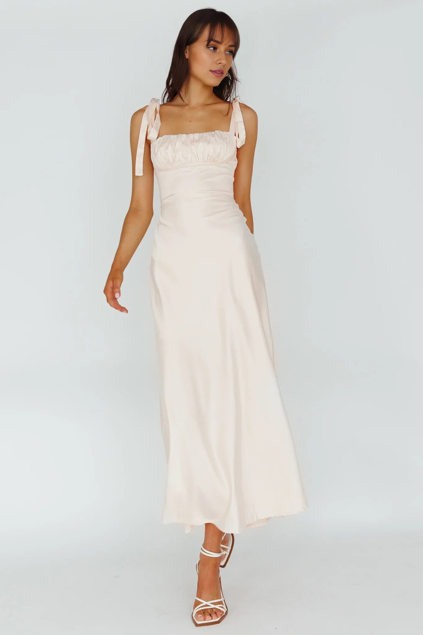 Gorgeous semi lined shoulder cinched chest pleated back with zipper bridesmaid dress