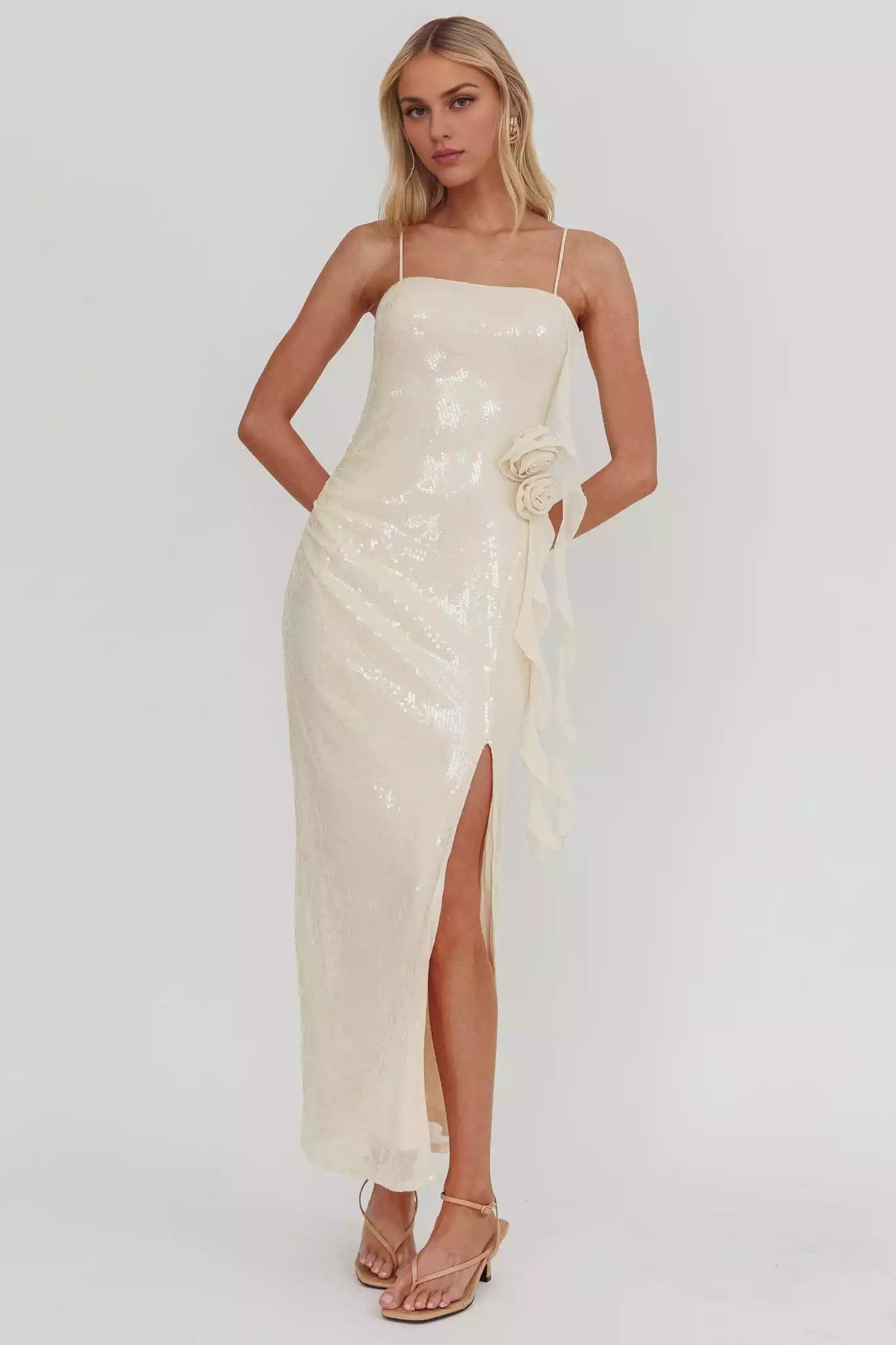 Gorgeous sequined ultra long camisole vest with detachable rose ruffles, front slit and zipper at the back Prom Dresses