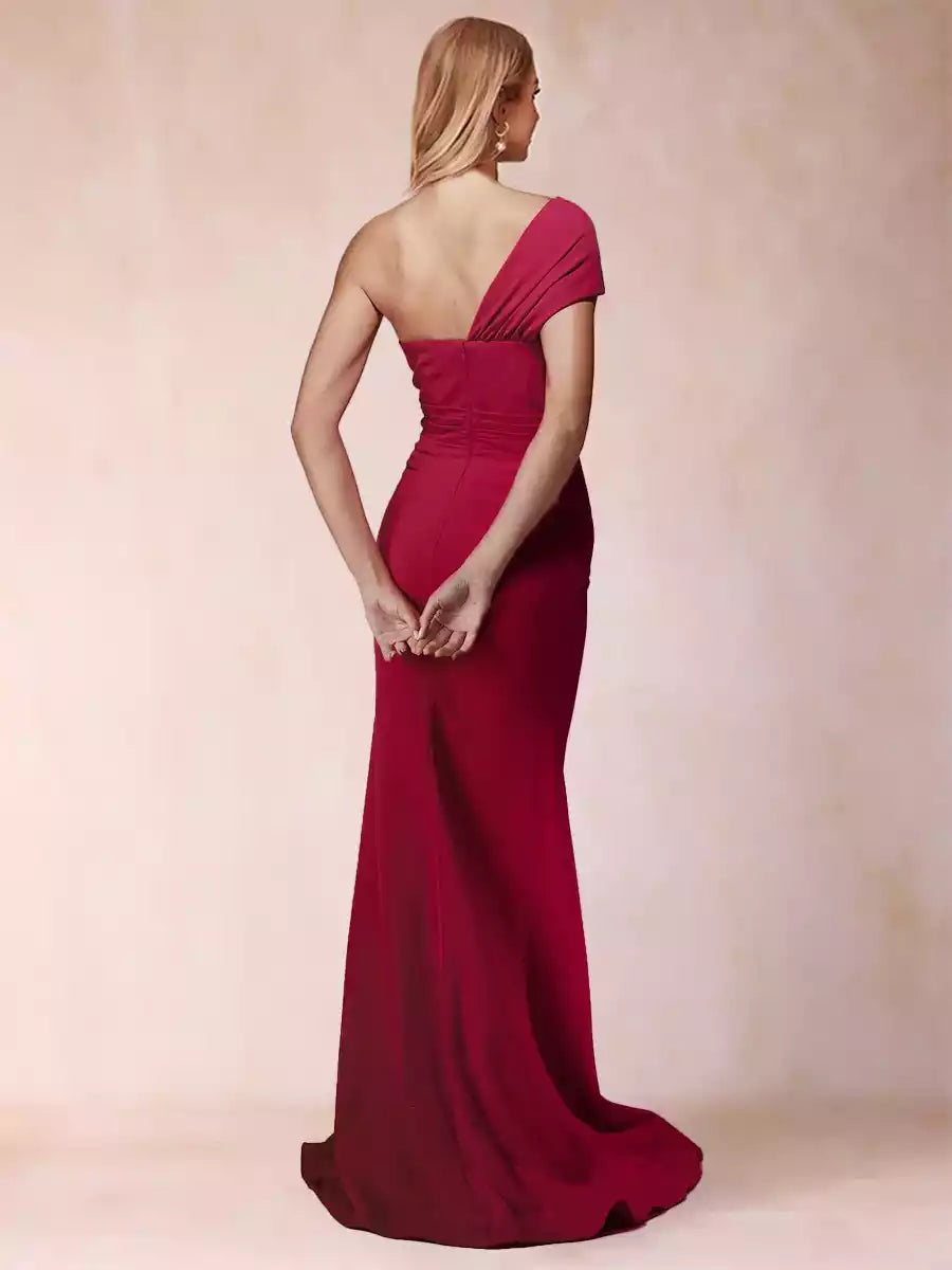 Gorgeous single shoulder trailing pleated ruffle hem slim fit/straight cut Mother of the Bride Dresses
