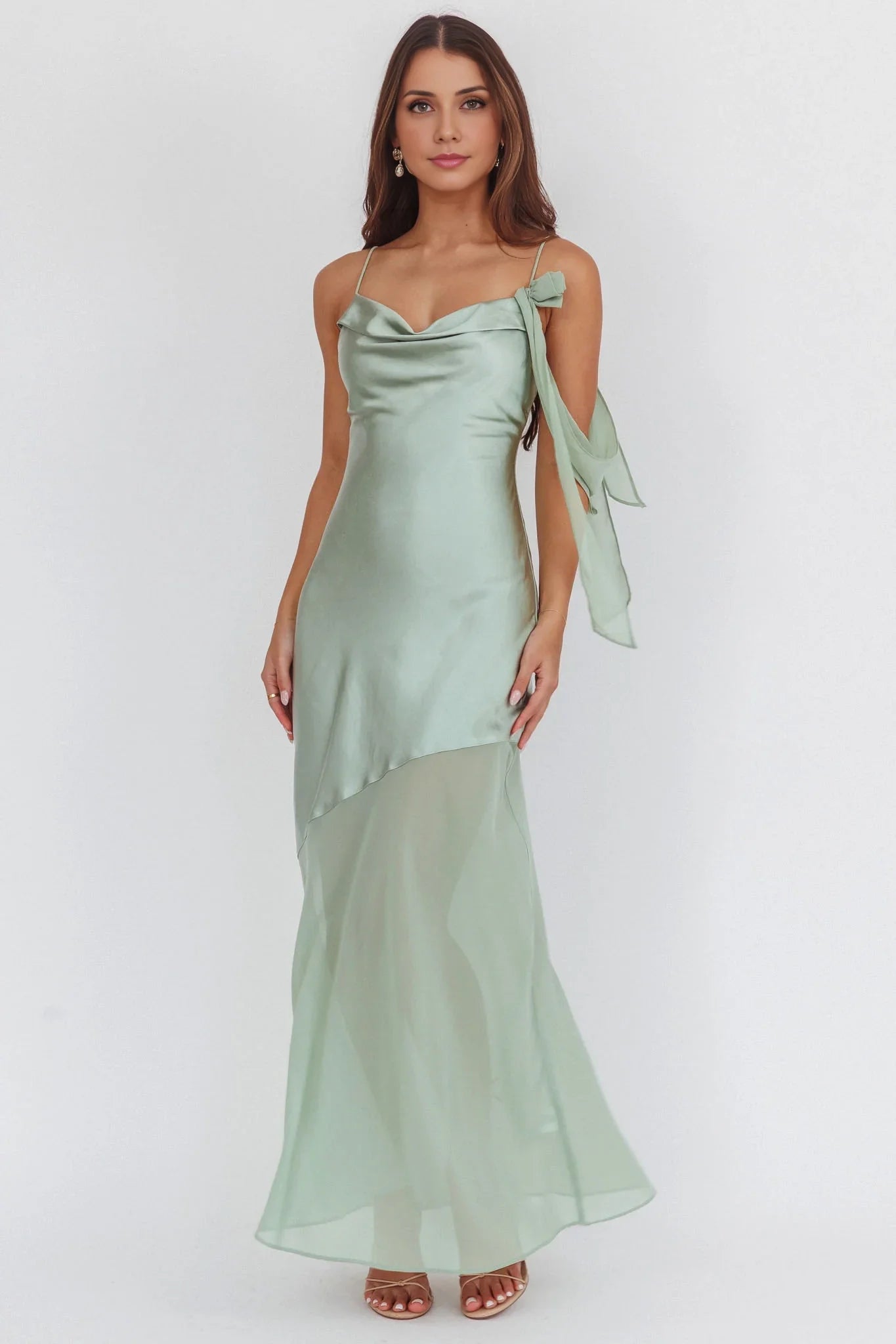 Gorgeous slim shoulder sleeveless satin slim fit chiffon hem bridesmaid dress