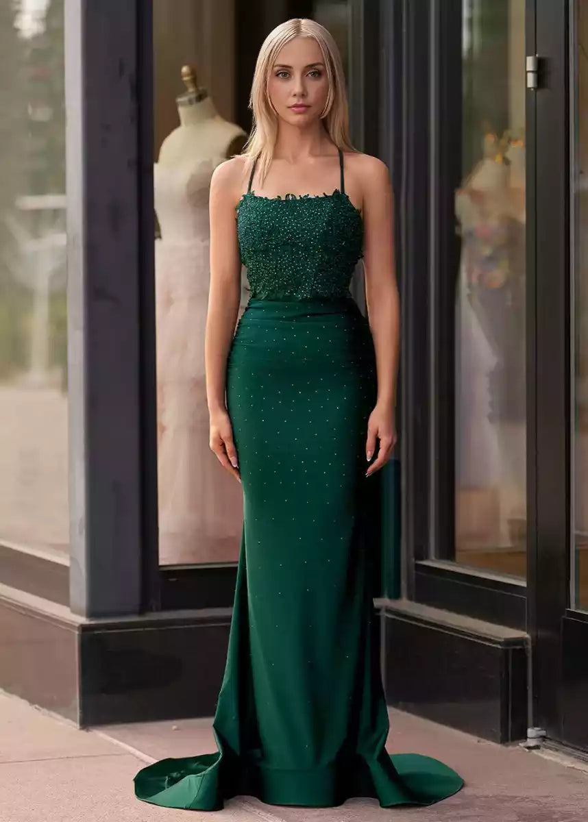Gorgeous thin shoulder straps with lace decals and beading, fashionable silhouette, straight neck zipper, back Prom Dresses
