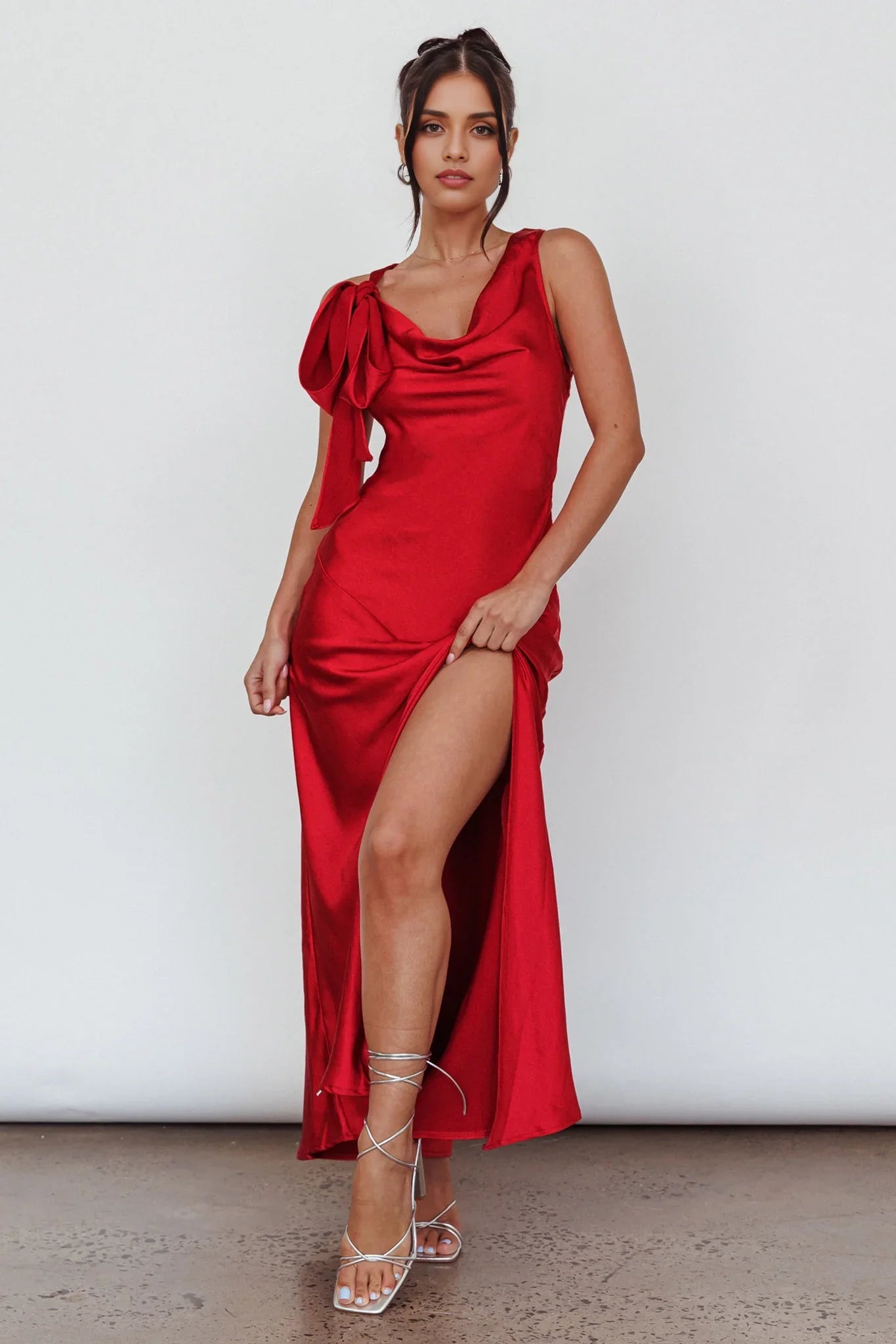 Gorgeous unlined bow shoulder slit, mid length side with zipper bridesmaid dress