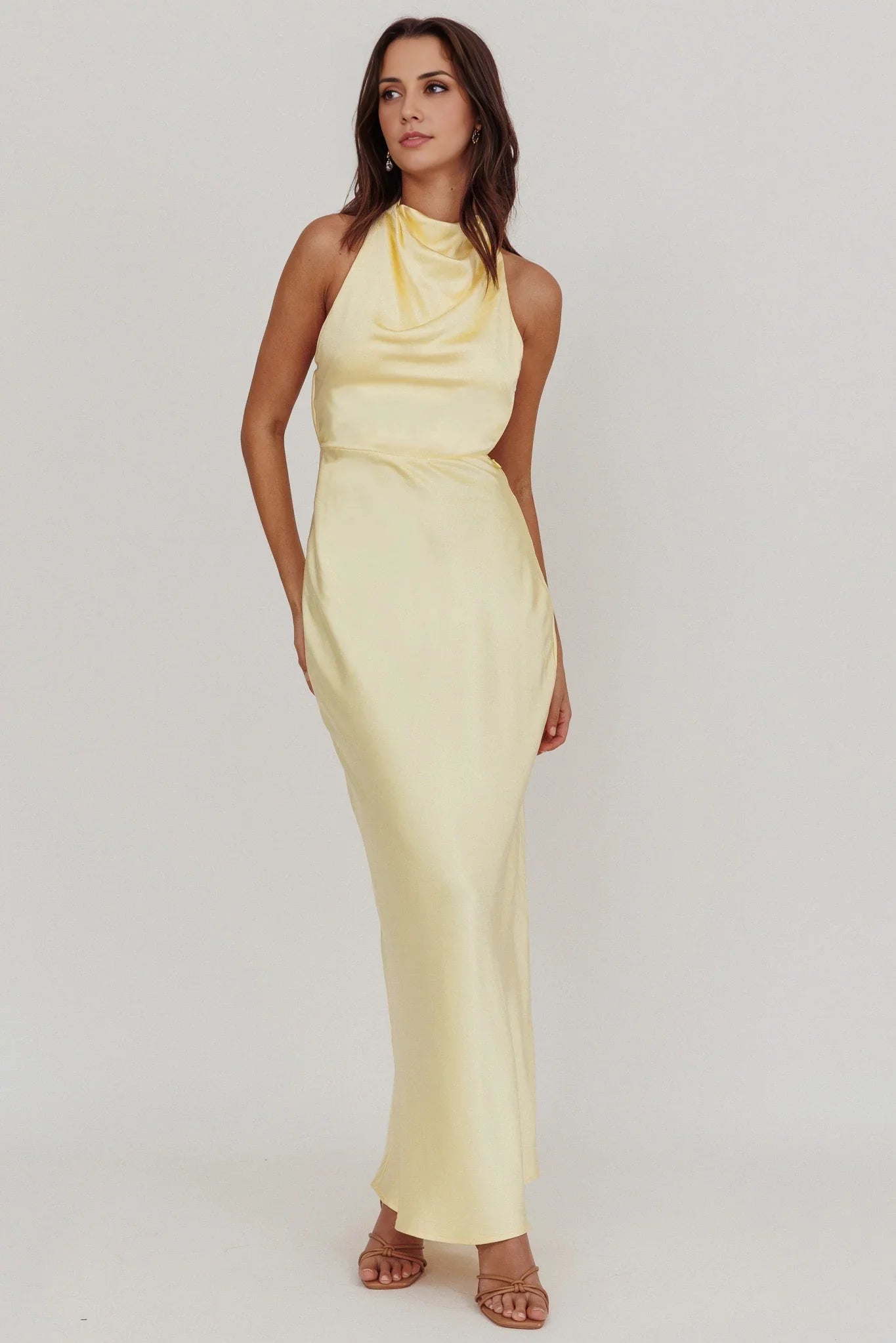 Gorgeous unlined high hanging neck backless side zipper bridesmaid dress