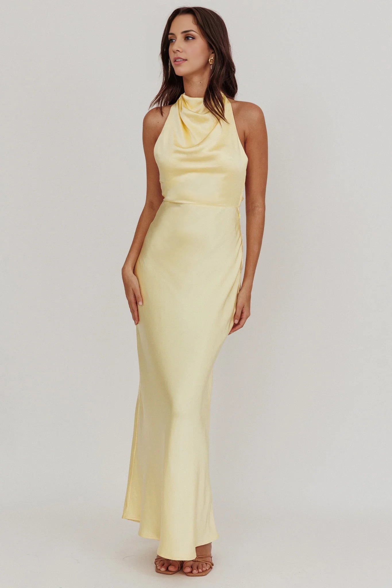 Gorgeous unlined high hanging neck backless side zipper bridesmaid dress