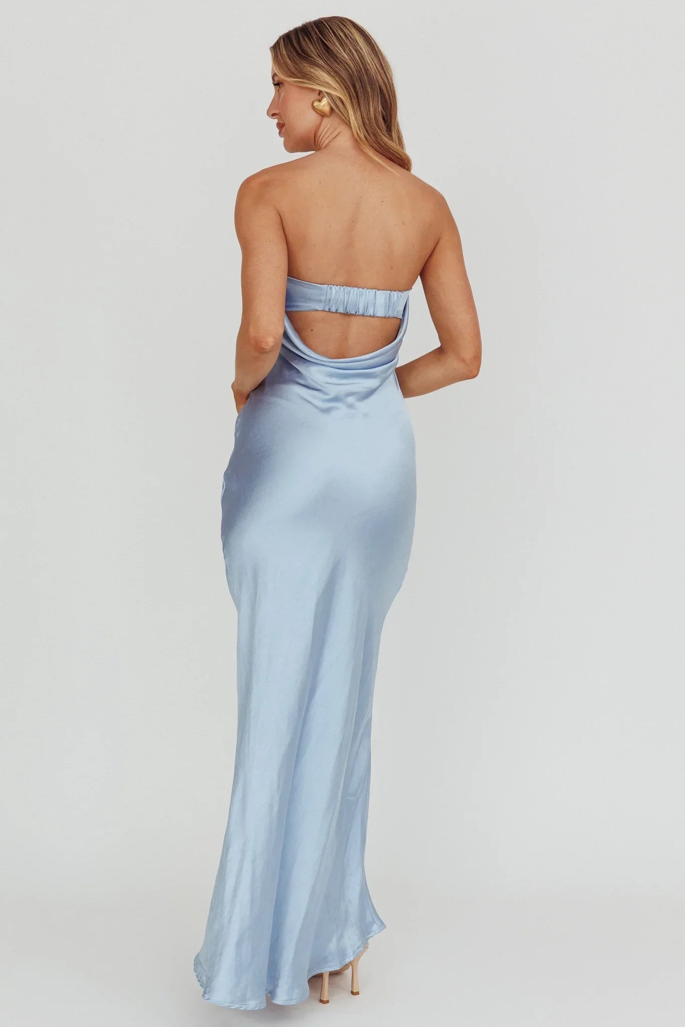 Gorgeous unlined strapless pleated detail revealing suspender bridesmaid dress