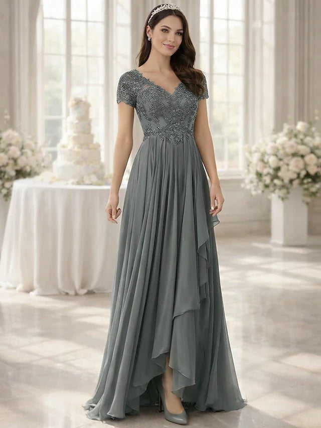 Graceful A-Line V-Neck Short Sleeve Embellished Grey High-Low Prom Gown