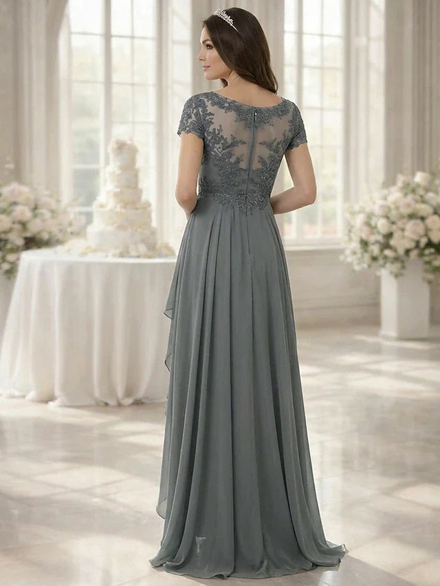 Graceful A-Line V-Neck Short Sleeve Embellished Grey High-Low Prom Gown