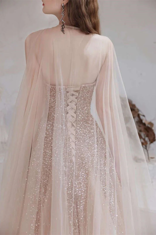 Gradient Rose Gold Tulle Strapless Prom Gown with Cape