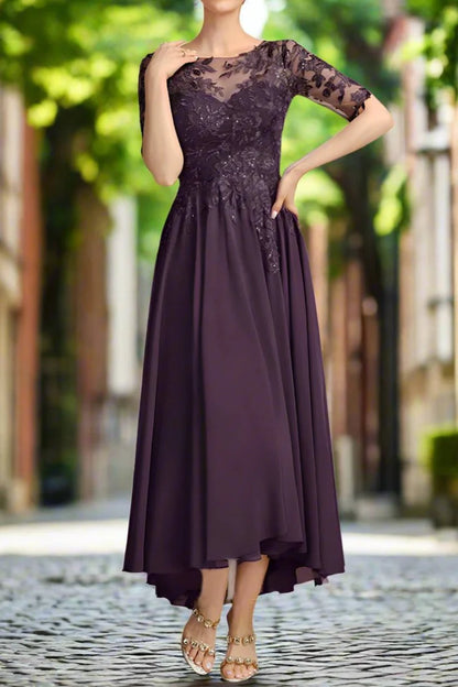 Grape Half Sleeves Mother of The Bride Dresses with Lace Appliques