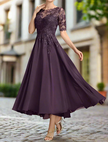 Grape Half Sleeves Mother of The Bride Dresses with Lace Appliques