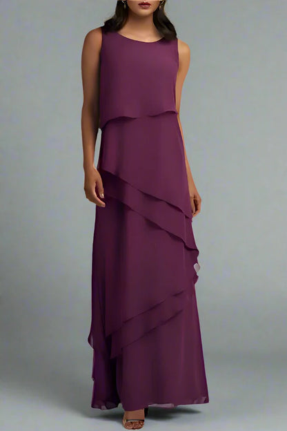 Grape Round Neck Chiffon Floor Length Mother of The Bride Dresses