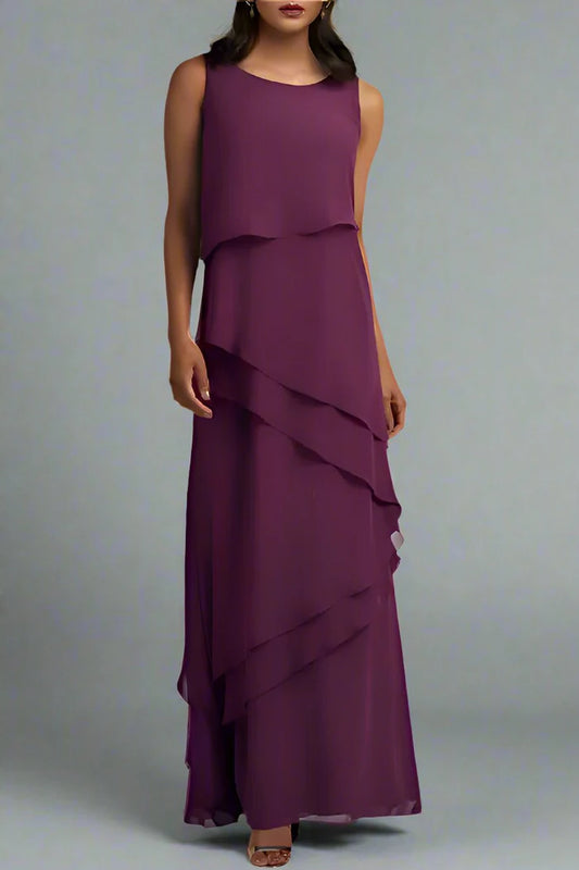 Grape Round Neck Chiffon Floor Length Mother of The Bride Dresses