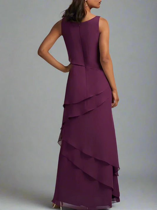 Grape Round Neck Chiffon Floor Length Mother of The Bride Dresses