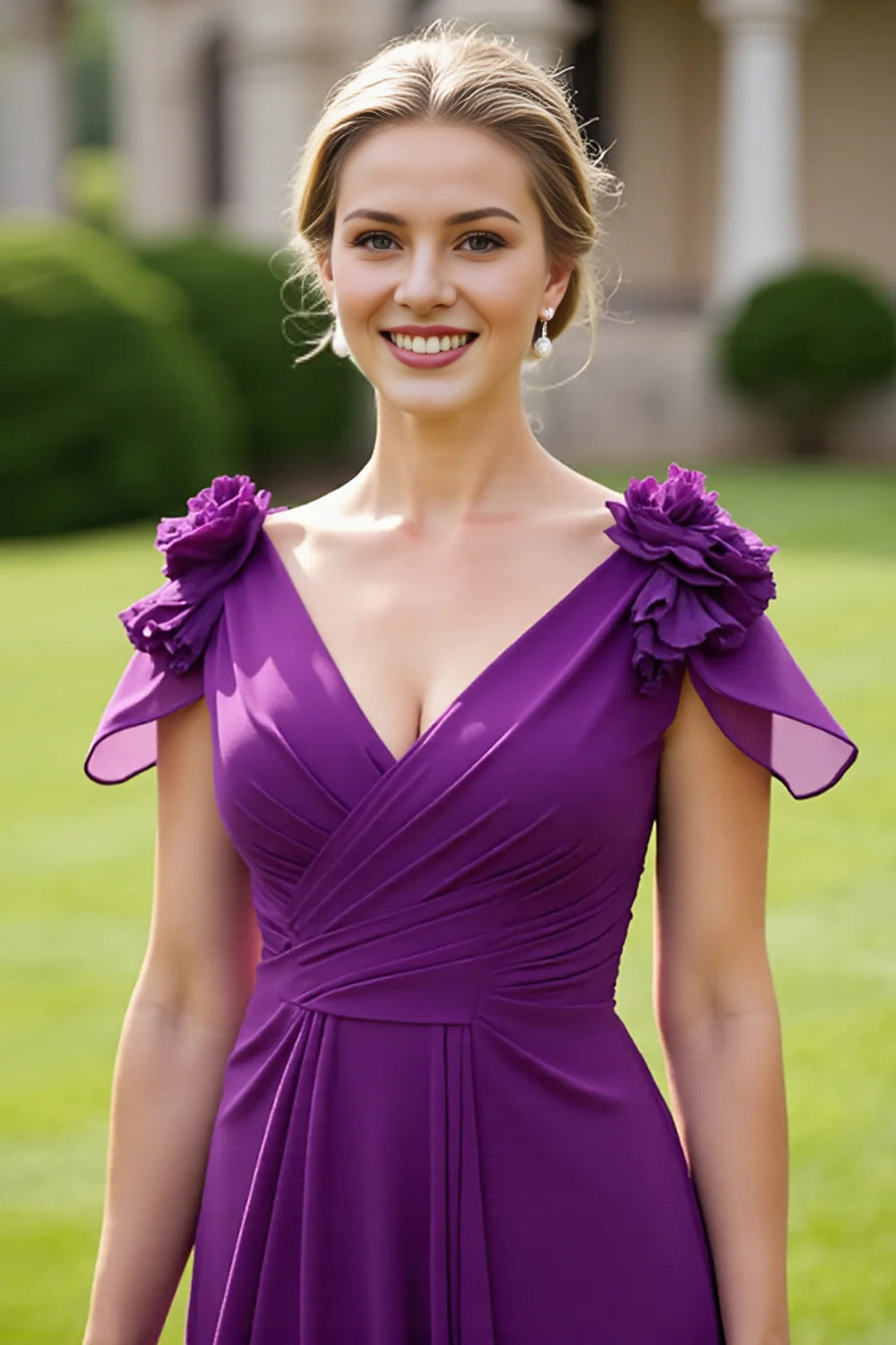 Grape A Line Mother Of The Bride Dress With 3D Flowers
