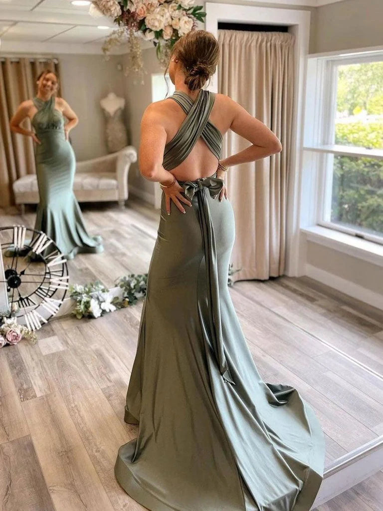 Gray Green Satin Mermaid Bridesmaid Dresses With Sweep Train ﻿