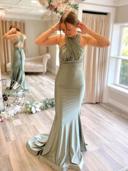 Gray Green Satin Mermaid Bridesmaid Dresses With Sweep Train ﻿