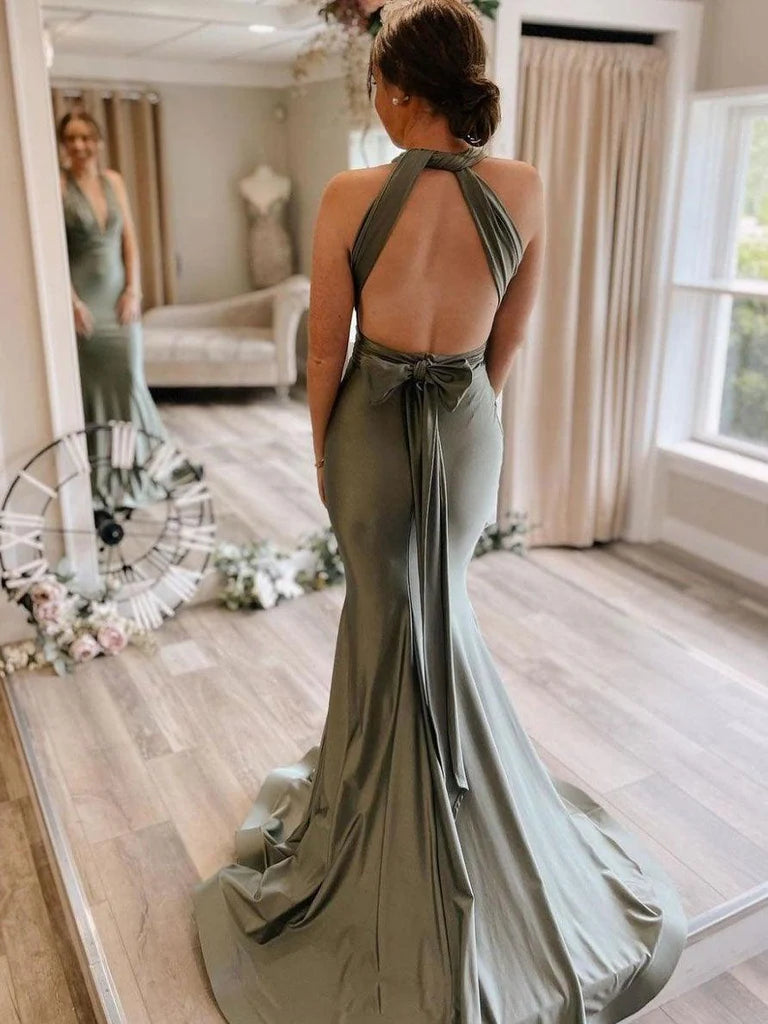 Gray Green Satin Mermaid Bridesmaid Dresses With Sweep Train ﻿