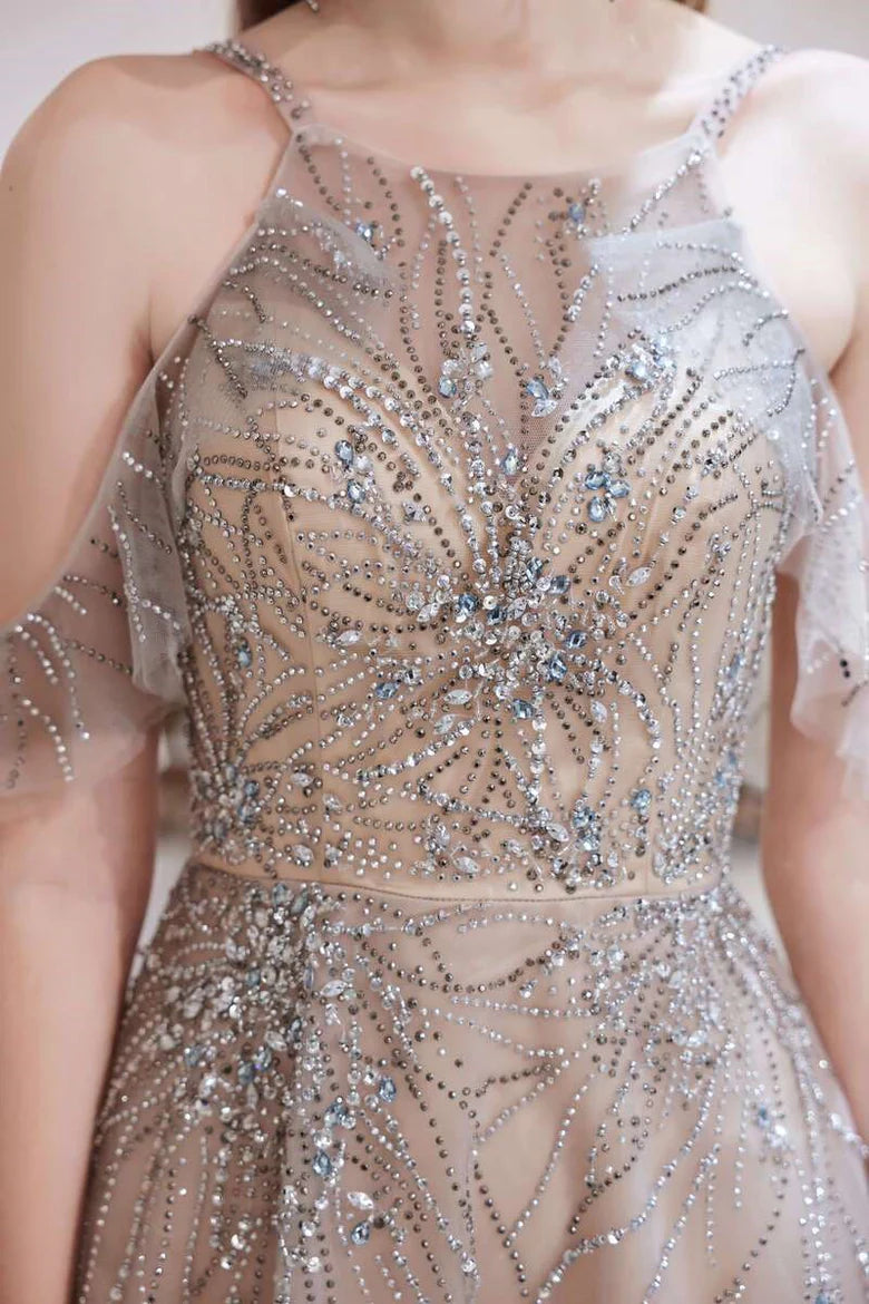 Gray Tulle A-line Spaghetti Straps Beaded Long Prom Dress
