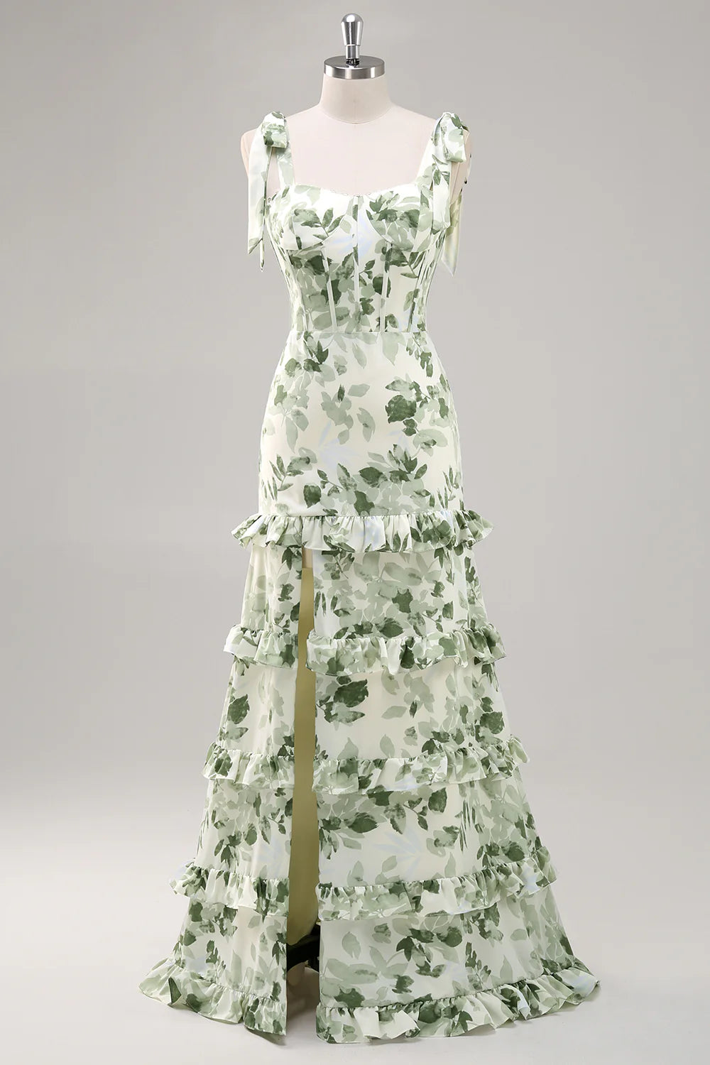 Green A-Line Bow Shoulder Strap Printed Long Floral Dress with Slit