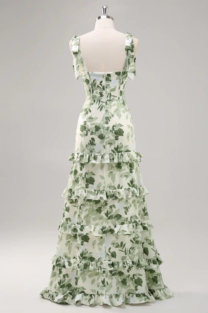 Green A-Line Bow Shoulder Strap Printed Long Floral Dress with Slit