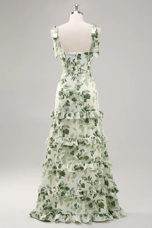 Green A-Line Bow Shoulder Strap Printed Long Floral Dress with Slit